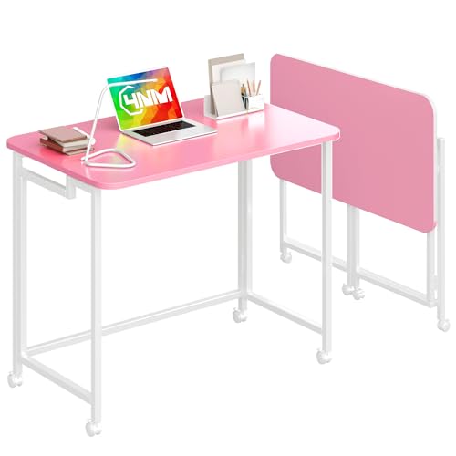 4NM 31.5" Mobile Small Rolling Computer Desk, Folding Laptop Cart Table with Wheels, Portable Office Desk for Small Space Couch Bed - Pink and White - color: Pink and White, size: 31.5"