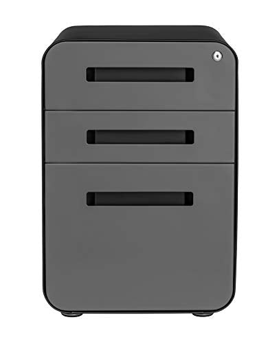 Laura Davidson Furniture Stockpile 3 Drawer File Cabinet with Lock - Under Office Desk Metal Filing Cabinet, Legal/Letter File Folders, Wheels and Stationary Feet, Pre-Assembled, Black/Grey - color: Black/Grey