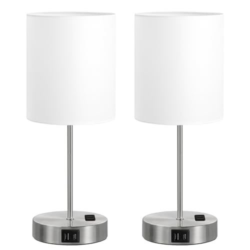 17.6" Silver Touch Lamps for Bedroom Set of 2, Dimmable, USB C+A, AC Outlet | Large 17.6" Tall Lamp, 3-Way Dimming, 5000K Daylight Bulbs, White Lampshade Silver Base, for Living Room, Boys, Men, Girls - color: White - Silver