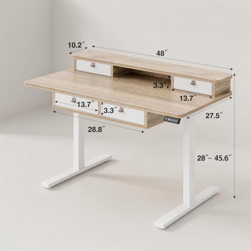 Grandder Electric Standing Desk with Four Drawers, Sit to Stand Up Height Adjustable Desk with Storage Shelf for Home Office, 47 * 28 Inch, Study, Ergonomic Adjustable Computer Desk, Maple - color: Maple With 4 Drawers, size: 47 Inch
