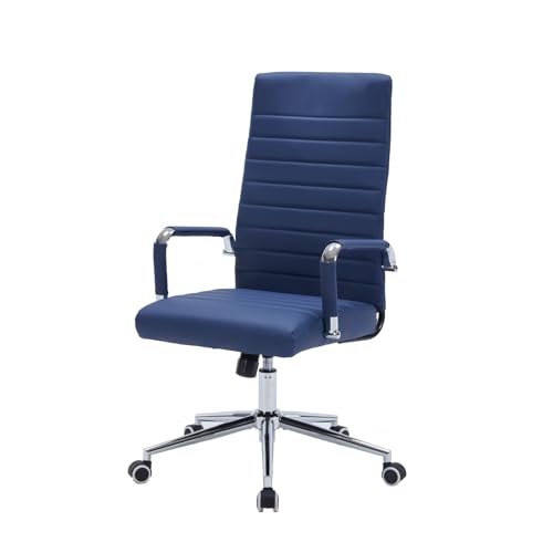 Navy Blue Leather Ribbed Office High-Back Desk Conference Chair with Wheels | Ergonomic High-Back Executive Chairs with Wheels Adjustable Swivel Computer Task Desk Chair with Arms and Thick Padded Seat - color: Blue, size: High Back