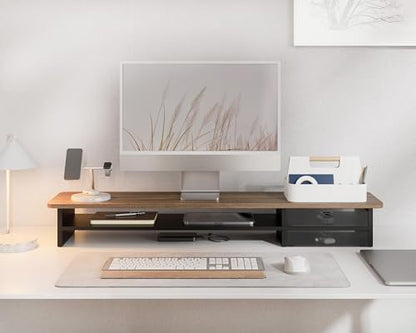 Fenge Monitor Stand, Desk Computer Riser with Frosted Storage Drawer, Brown - color: Brown