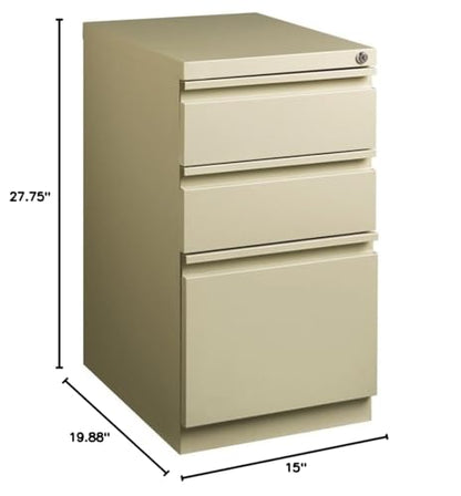 BOWERY HILL Mobile Pedestal Filing Cabinet, 20" Deep, Steel Construction, Putty/Beige Finish, 3-Drawer Box/Box/File Configuration, Lockable, Hidden Casters, Letter-Size Hanging File Storage - color: Beige