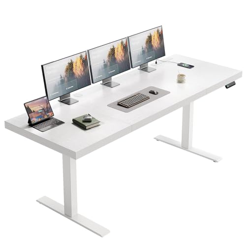 OffiGo 71 Inch Executive Electric Standing Desk Height Adjustable, White | 1.38" Thick 3-Panel Desktop, Power Outlets, 3 Memory Presets, Dual-Beam Frame for Home Office, Workstation, Conference Room - color: White, size: 71 Inch