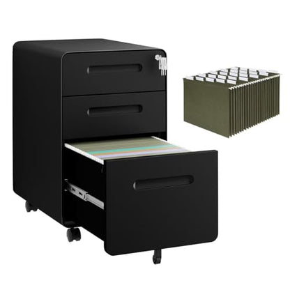 3 Drawer Mobile File Cabinet with Lock, 4 Keys and 25 Letter File Folders | Heavy-Duty Steel Rolling Filing Cabinet Pre-Assembled Under Desk for Home Office Letters/Legal/A4 Hanging File Folders - color: Black, size: 23.8"H*15.7"W-3 Drawers(25 letter fold