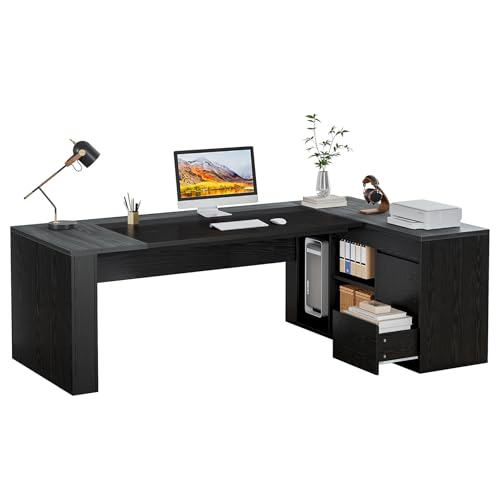 Tribesigns 78" L Shaped Executive Desk with Drawers, Large Office Computer Desk with Cabinet and Storage Shelves, Modern Business Furniture Sets Workstation for Home Office (Gray&Black) - color: Gray&black