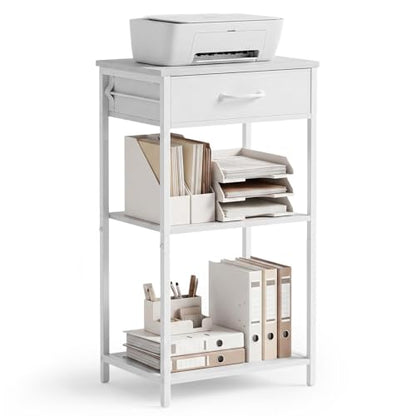 Printer Stand with Fabric Drawer, 3-Tier Industrial Sturdy Under Desk Printer Cart with Open Storage, Narrow Printer Table for Home Office, Fits Printer Scanner Fax Machine, White