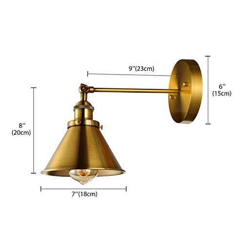 LITFAD Adjustable Angle Wall Light, Brass Finish 1-Light Wall Sconce | Retro Industrial Wall Lamp with 7" Cone Metal Shade, Decorative Lighting Fixture for Bedroom Restaurant Farmhouse Corridor - color: A