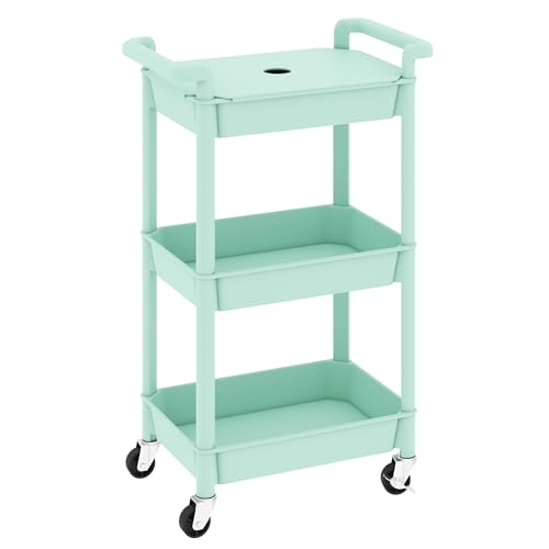 MIOCASA 3-Tier Utility Rolling Cart with Cover Top Board, Kitchen Storage Organization, Art Cart with Wheels for Office, Classroom, Livingroom, Kitchen, Bathroom, Green, Plastic - size: 3-Tier, style: Green