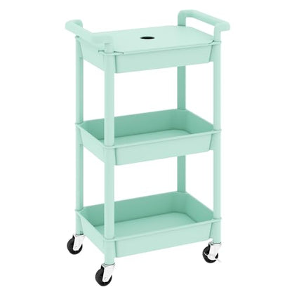 MIOCASA 3-Tier Utility Rolling Cart with Cover Top Board, Kitchen Storage Organization, Art Cart with Wheels for Office, Classroom, Livingroom, Kitchen, Bathroom, Green, Plastic - size: 3-Tier, style: Green
