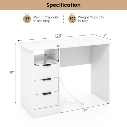 Tangkula White Desk with 3 Drawers & Charge Station, Home Office Desk with Open Shelf, Study Writing Desk, PC Desk Computer Workstation, Modern Computer Desk for Bedroom, Study - size: 42.5" x 19"