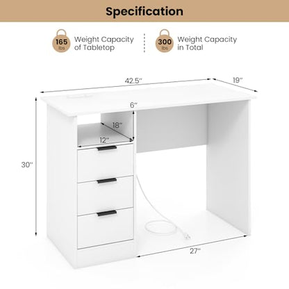 Tangkula White Desk with 3 Drawers & Charge Station, Home Office Desk with Open Shelf, Study Writing Desk, PC Desk Computer Workstation, Modern Computer Desk for Bedroom, Study - size: 42.5" x 19"