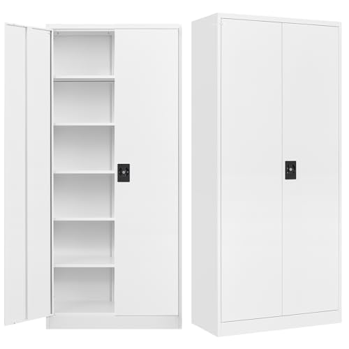 MIIIKO Tall Steel Storage Cabinet with 5 Shelves, Lockable White Metal Tool Cabinet for Garage and Office, Locking 2 Door Storage with Keys - color: White, style: 71"H