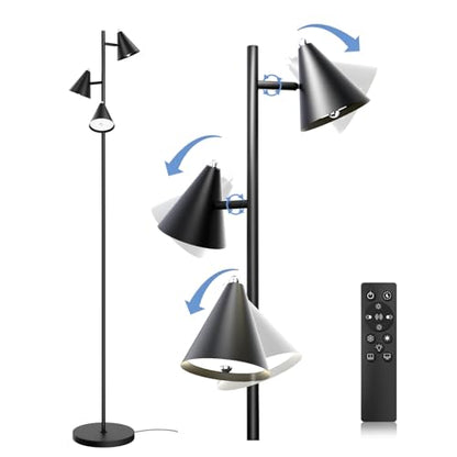 Black Floor Lamp for Office and Living Room, with 3 Rotatable LED Lights, Magnetic Remote, 5 Color Temp - color: Black