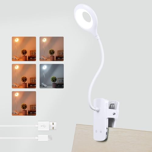 Akynite Clip on Light LED Desk Lamp 5 Brightness+5 Colors Rechargeable Lamp | White, Dimmable, Battery powered, Flexible Gooseneck, Cordless & Portable, with Clamp, Book Reading Light for Bed/Headboard - color: White