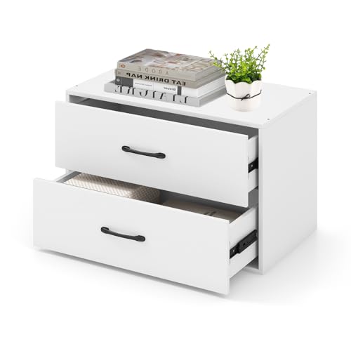 2 Drawer Lateral File Cabinet, Stackable Home Office Drawers, Under Desk Printer Stand, Low Storage Organizer, Horizontal Wooden Filing Cabinet for Study Living Room, No Wheels (1, White) - color: White