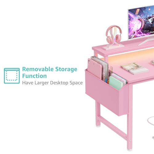 Lufeiya Small Girls Desk with Power Outlets and LED Lights, 32 Inch Gaming Desk Table with Charging Station, Home Office Computer Desks with Monitor, Pink - color: Pink, size: 31.5"