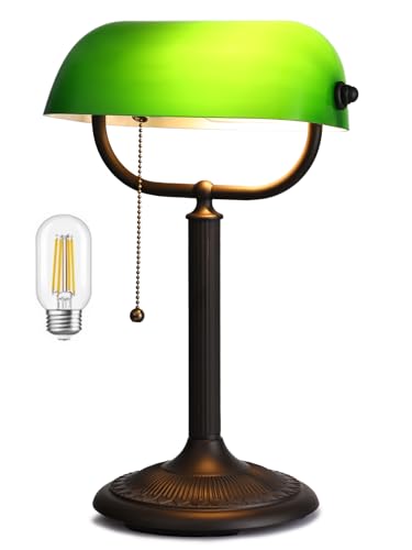 1-Minute Quick-Change Shade Antique Green Glass Bankers Desk Lamp | Study Office Library,LED Bulb Included - color: Green-AG