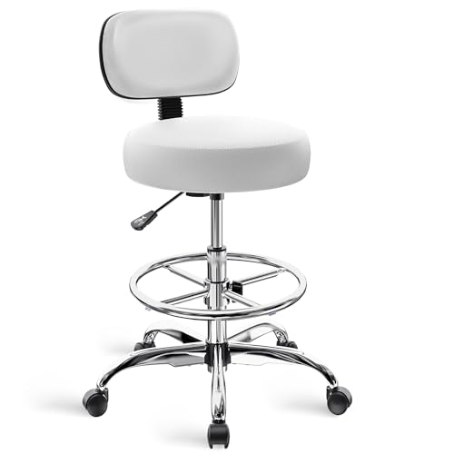 SUPERJARE Drafting Chair with Backrest, Adjustable Foot Rest Rolling Stool | Multi-Purpose Shop Stool, Drafting Stool, Office Desk Chair, Bar Stools with Thick Seat Cushion for Home Bar Kitchen, White - color: White