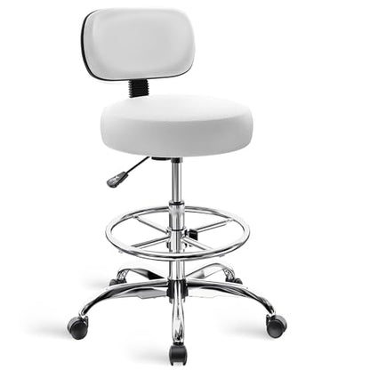 SUPERJARE Drafting Chair with Backrest, Adjustable Foot Rest Rolling Stool | Multi-Purpose Shop Stool, Drafting Stool, Office Desk Chair, Bar Stools with Thick Seat Cushion for Home Bar Kitchen, White - color: White