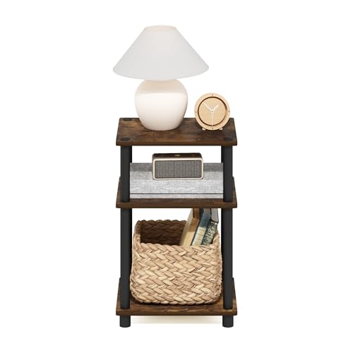 Furinno JUST Side Table, 3-Tier End Table, Open Shelves Night Stand, Bedside Table, Toolless Assembly, for Living Room, Bedroom, Bathroom, Amber Pine - color: Amber Pine/Black, size: 3-Tier, Round Pole, style: 1-Pack