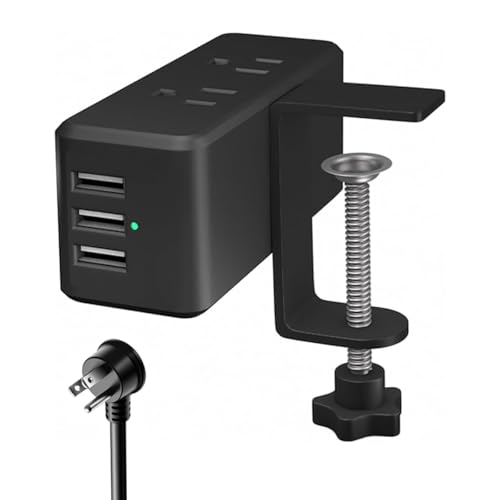 Compact Desk Edge Clamp Power Strip with 6-Outlet,3-USB-A-Port,Fit 2.4" Tabletop Edge,Table Leg.Meeoueoiu Desktop Mount Charging Power Station for Office Home,6.56ft Extension Cord,Black
