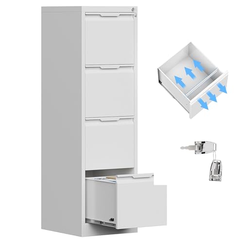 4 Drawer File Cabinet, Vertical Filing Cabinets for Home Office, 17.8" d Metal File Cabinets with Lock, White Deep File Cabinets for Legal/Letter Size File, Easy Assembly - color: White, size: 17.8"D x 15"W x 50.3"H（4 Drawers）