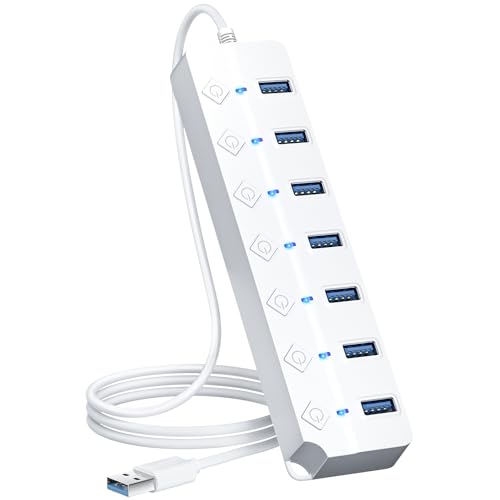 USB Hub 7 Port, USB Splitter with Individual On/Off Switches and Lights - color: White