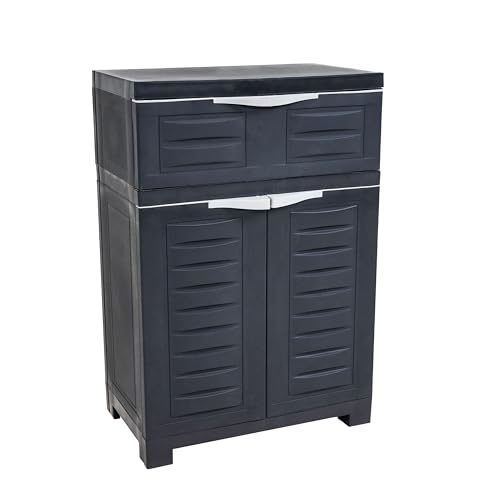 Sunnydaze 34.5" Garage Storage Cabinet with Adjustable Shelf, Charcoal - color: Charcoal, style: With Drawer - 34.5" H