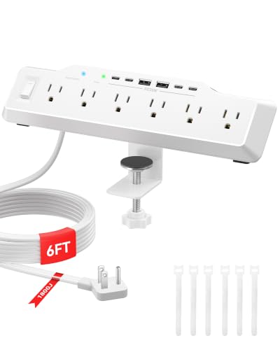 Desk Clamp Power Strip Surge Protector with 1800J, 6 Ft Mount Power Strip 6 Outlets and 6 USB (Any C Port 35W) for Laptop, Home Office Dorm, Fits 1.96" Table Edge - color: White