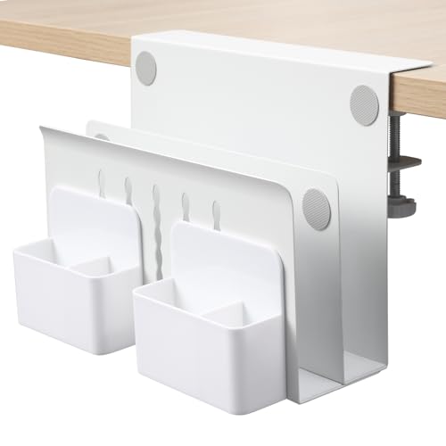 MAXECHO Desk Side Storage, Under Desk Laptop Mount, Table Side Hanging File Organizer, No Drill Clamp On Cable Management Tray, Laptop Holder with Magnetic Pen Holder for Office and Home, Load 22 Lbs - color: White