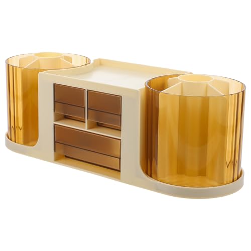 Rotating Desktop Organizer Pen Holder, Double-rotation Pen Caddy with Drawer, Cream Yellow Desk Storage Organizer for Office and Student Supplies