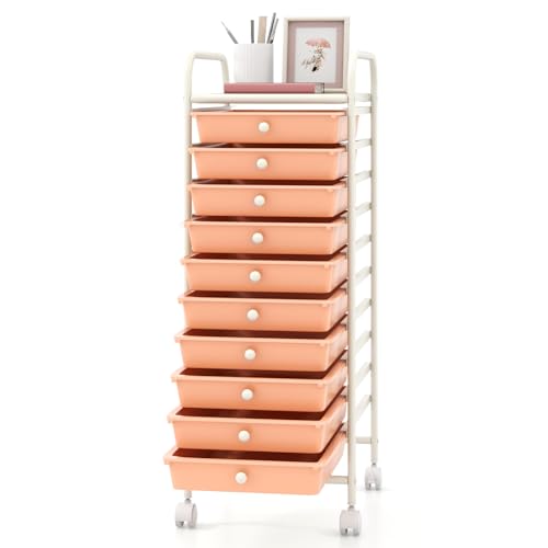 GOFLAME 10-Drawer Rolling Storage Drawer Cart, Utility Cart with Removable Drawers & Metal Frame, Mobile Art Craft Drawer Cart with Lockable Wheels for Home, Office, Studio, School, Peach Fuzz - color: Peach Fuzz, size: 10-Drawer without Wood Top