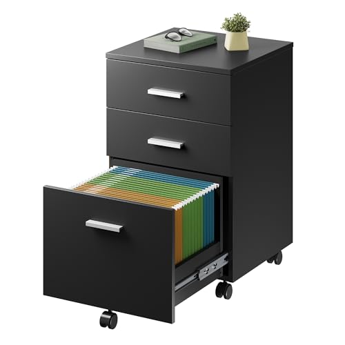 DEVAISE 3 Drawer Wood Mobile File Cabinet, Rolling Filing Cabinet for Letter/A4 Size, Printer Stand for Home Office, Black - color: Black, size: 15.7"D x 16.2"W x 25.7"H