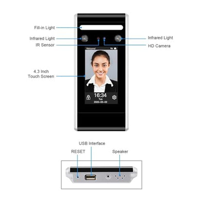 Time Clocks WiFi Dynamic Face Access Control Time Attendance Machine Biometric IR Face Recognition Keypad TCP/IP/USB,DT60-TOP