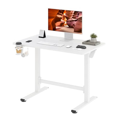 40''Pneumatic Standing Desk,Onepiece Adjustable Height Home Office | White 39.4"x23.6" Home Desk Rolling Computer Workstation with Hooks & Cup Holder,Hidden Casters - color: White, size: 4024