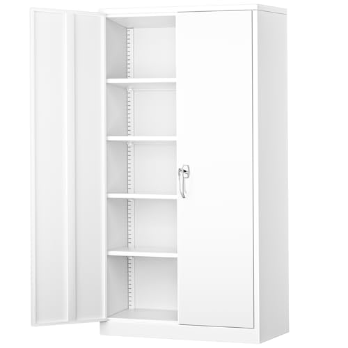 Greenvelly White Metal Cabinet, 72" H Steel Lockable Metal Storage Cabinet with 2 Doors and Adjustable Shelves,Tall Tool Organizer for Office,Home, Garage, Gym, School - color: White, size: 72" Storage Cabinet
