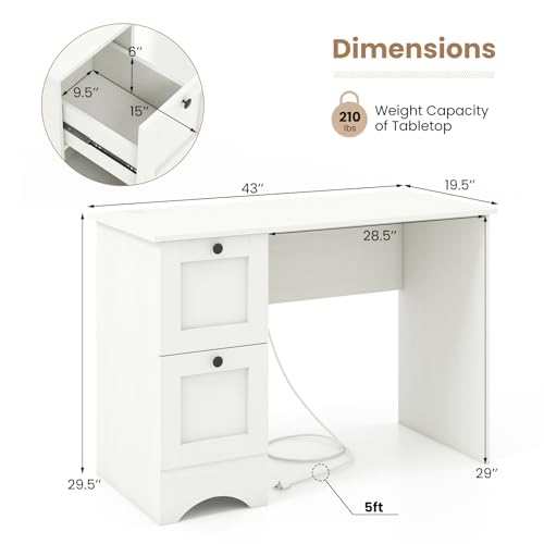 Tangkula White Desk with Drawers & Charging Station, Wooden Home Office Desk PC Laptop Notebook Desk, Compact Study Desk Writing Desk, Computer Workstation Ideal for Home & Office - color: White