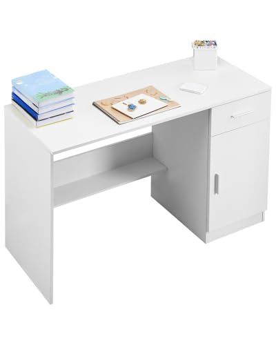 VEVOR Small Desk with Drawer, Kids Desk for Bedroom, Wooden Simple Study Table for Drawing, Reading, Writing, Rectangle MDF Study Storage Table with Adjustable Shelf for Home, Office, White - size: 41.34"D x 17.32"W x 29.57"H