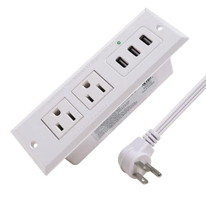 Desk Power Strip with USB Recessed Mounted Desktop Power Outlet 2 Outlets 3 USB Ports (15W/3A) Flat Power Plug, Charge Station for Table Cabinet Sofa Counter - color: White