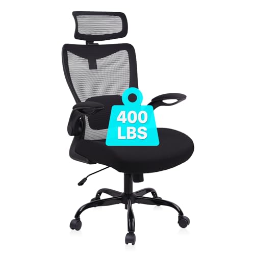 CLATINA Heavy Duty Ergonomic Mesh Office Chair 400LBS, Big and Tall Desk Chair with Adjustable Lumbar Support & Headrest, Flip Up Padded Arms, Swivel Computer Chair for Home, Study, Conference, Black - size: 1 PK