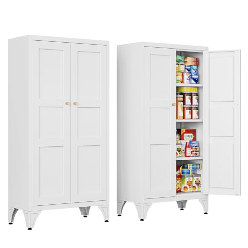Letaya Metal Storage Cabinet with Doors and Shelves,47.3" H Bathroom Floor Kitchen Pantry Utility Cupboard Dining Home Office/Garage Organizers,White - color: White, size: 12" D x 24" W x 47.3" H