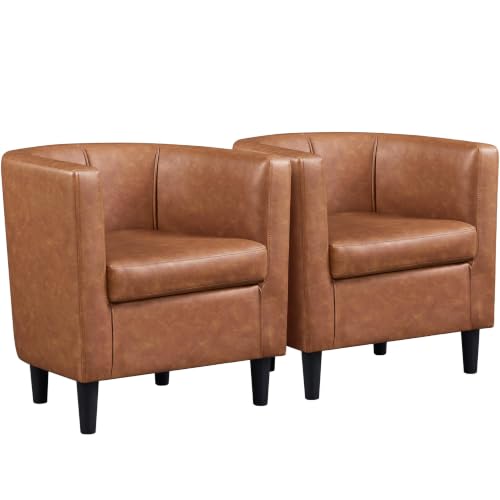 Yaheetech Barrel Accent Chairs Set of 2, Modern Armchairs, Brown | Faux Leather Chair with High-Density Foam Seat, Upholstered Barrel Sofa Chair for Living Room Bedroom Waiting Room - color: Brown, size: Set of 2