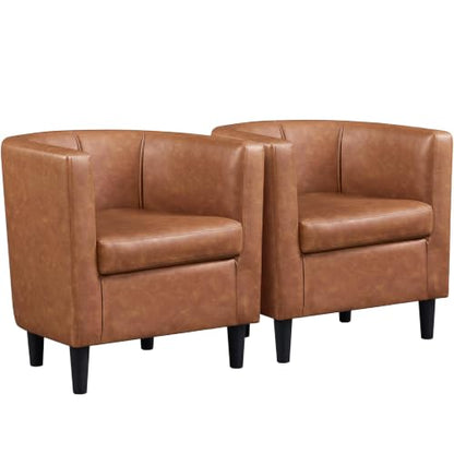 Yaheetech Barrel Accent Chairs Set of 2, Modern Armchairs, Brown | Faux Leather Chair with High-Density Foam Seat, Upholstered Barrel Sofa Chair for Living Room Bedroom Waiting Room - color: Brown, size: Set of 2