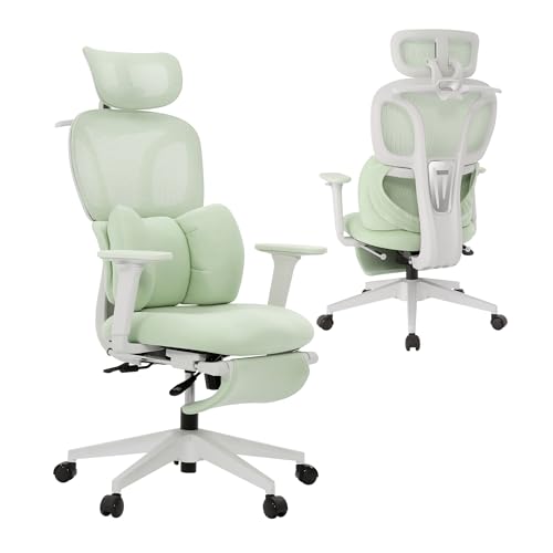 CabLady S1 High Back Ergonomic Mesh Office Chair with Footrest, 300 lbs | 115° Recline Lock, Adjust Seat Depth, 2D Arms, 3D Headrest, Detachable Lumbar Support, Breathable Mesh, BIFMA, Green - color: Butterfly Green