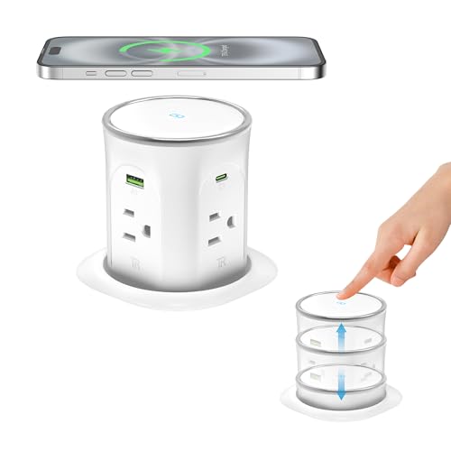Motorized Pop Up Countertop Outlet with 45W USB C Charging Station | 4AC Outlets & 4 USB & 15W Wireless Charger, 3.15in Hole PopUp Power Electrical Outlets for Kitchen Desktop Counter - color: White