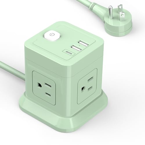 FDTEK Cube Power Strip USB C, 4 Outlets 3 USB 10 FT Extension Cord Green | 10ft Extension Cord Cube Power Strip with USB C Widely Spaced Outlets Space Saving for Office Dorm & Travel Use ETL Listed - color: Green, size: 10FT