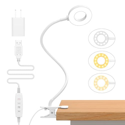 iZELL Reading Light, USB Clamp Lamp for Child Reading Book in Bed at Night, LED Small Desk Lamp with Silicone Adjustable Arm Clip on Beside Table for Studying Working Drafting Sewing - 15.8‘’ White - size: 15.8'' White