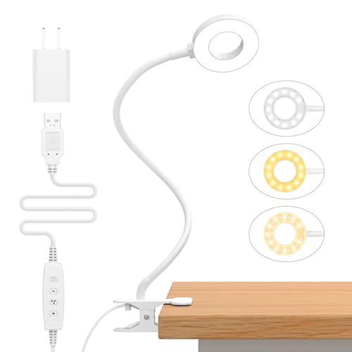 iZELL Reading Light, USB Clamp Lamp for Child Reading Book in Bed at Night, LED Small Desk Lamp with Silicone Adjustable Arm Clip on Beside Table for Studying Working Drafting Sewing - 15.8‘’ White - size: 15.8'' White
