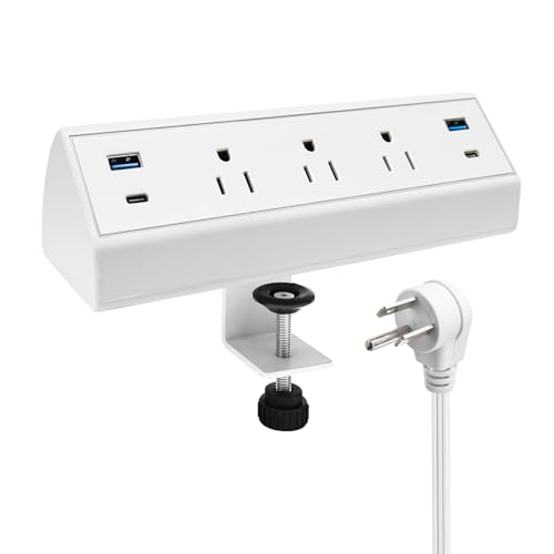 Fast Charge USB C Desk Clamp Power Strip 40W, Desktop Power Station Edge Mount Surge Protector 2 PC 20W USB-C Ports&2 QC 18W USB A Ports 3 Outlets for Home Office School Hotel ETL (White) - color: White